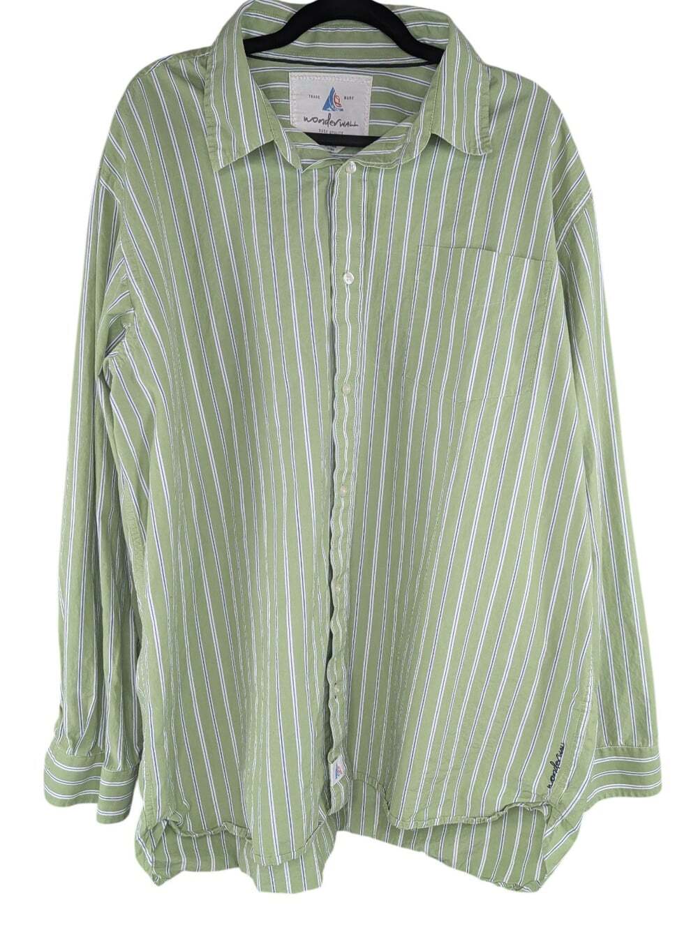 Wonderwall Surf Utility Mens Button Front Shirt Green Blue Striped Cotton